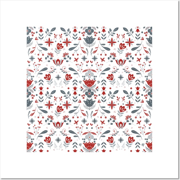 Scandinavian Folk Flower Pattern Wall Art by Raluca Mateescu